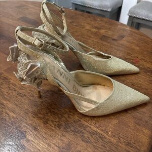 Gianni Bini Metallic Gold Heels with Floral Accent
